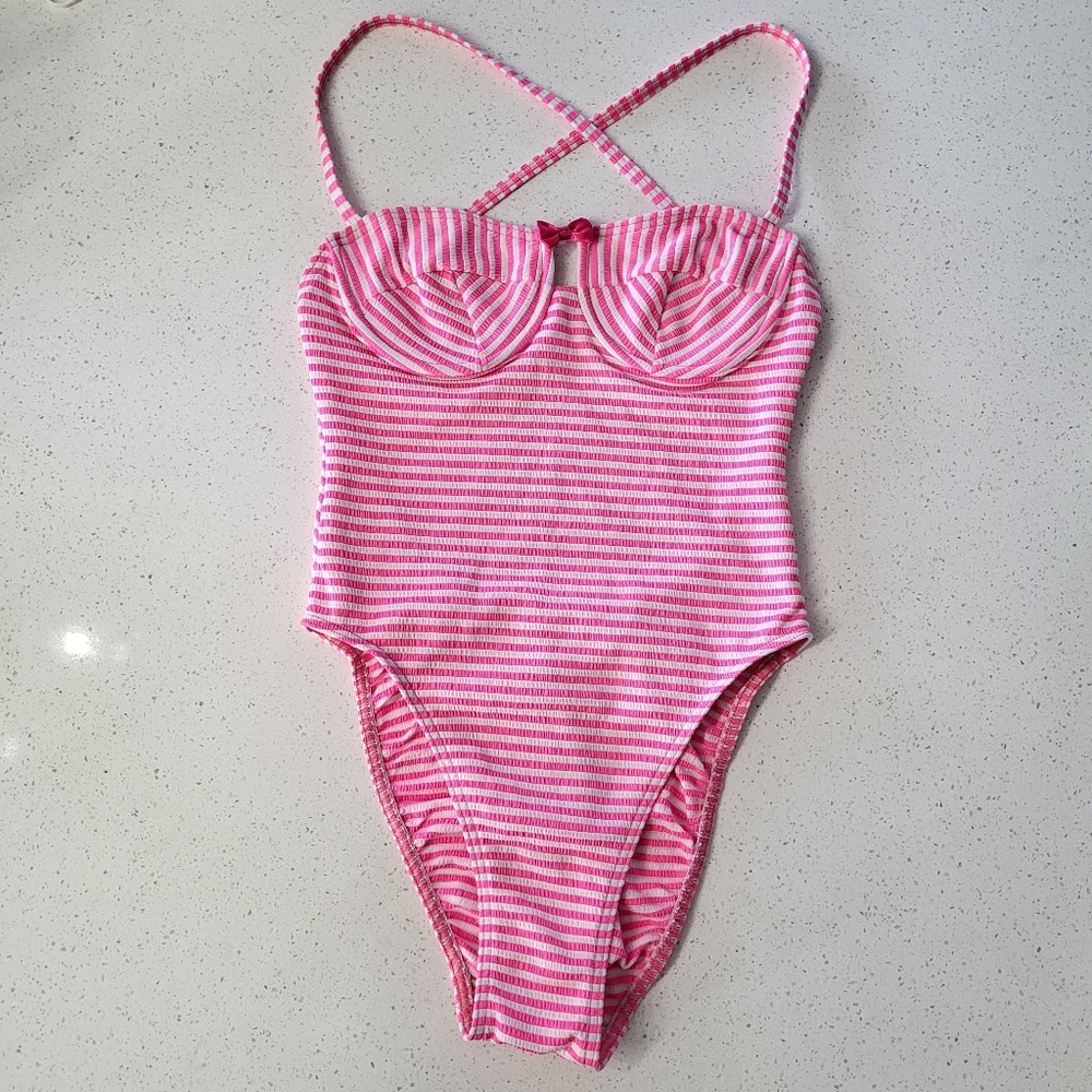 Vintage Pink & White Striped One-Piece Swimsuit